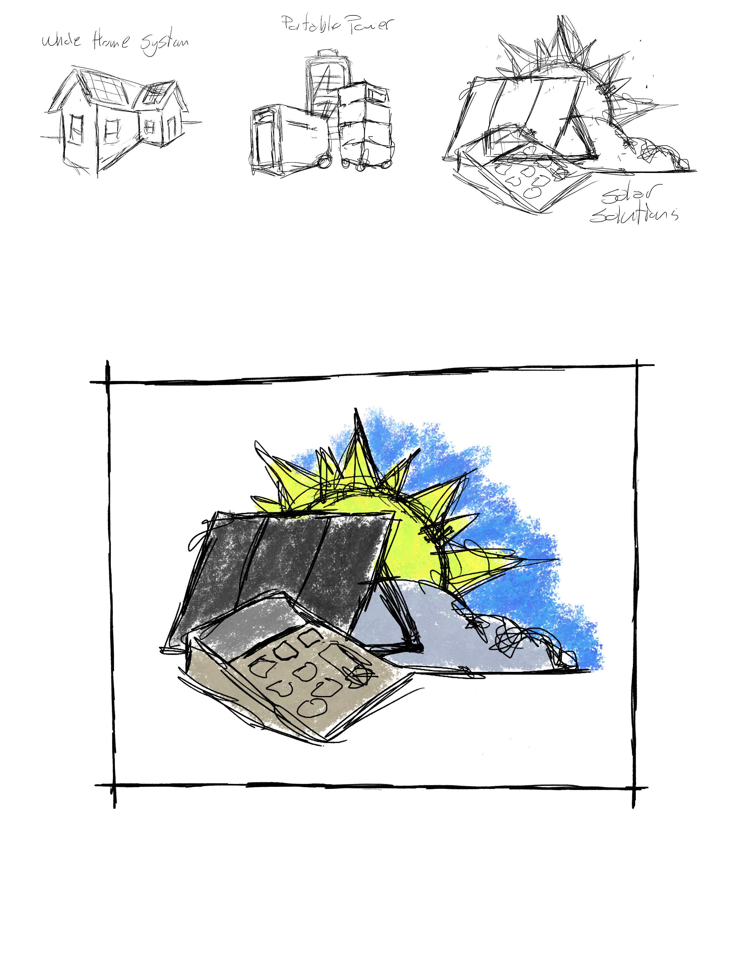 Solar panels with a sun in the background